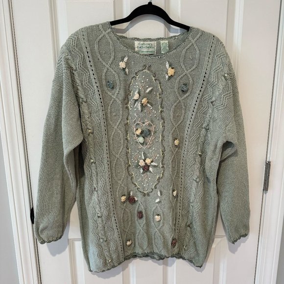 Vintage Floral Applique Green Cable Knit‎ Granny Sweater - Size Large - Picture 1 of 14